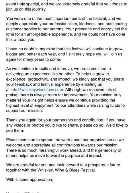 Thanks from Whiskey, Wine, and Blues